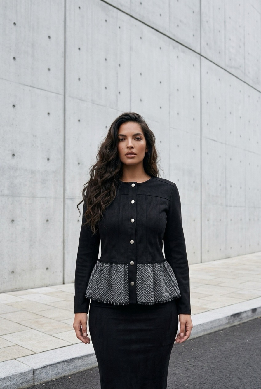 Solitaire Black Herringbone Peplum Button Front Jacket Large